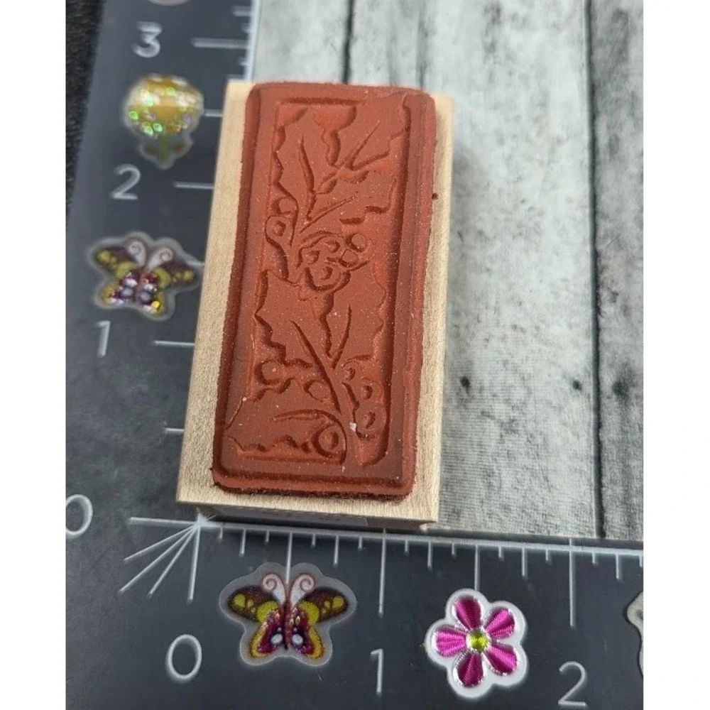 Rubber Moon Mistletoe Holly Berries Christmas Rubber Stamp Wood #D75